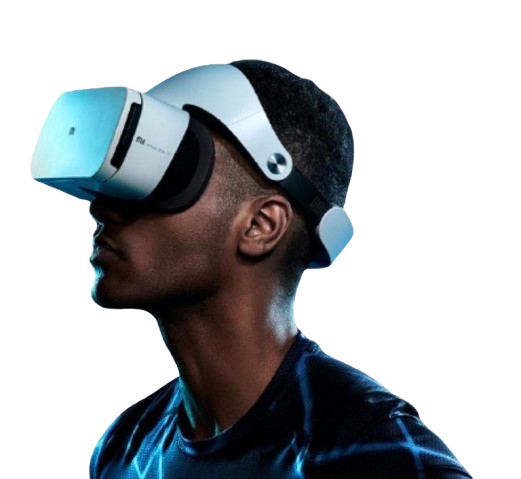 Person wearing VR headset with neural visualization